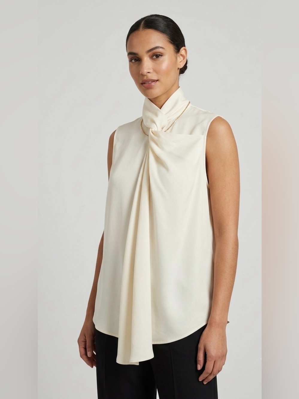 RAEY Cream Asymmetric Draped Scarf Neck Sleeveless Top Blouse Size 12